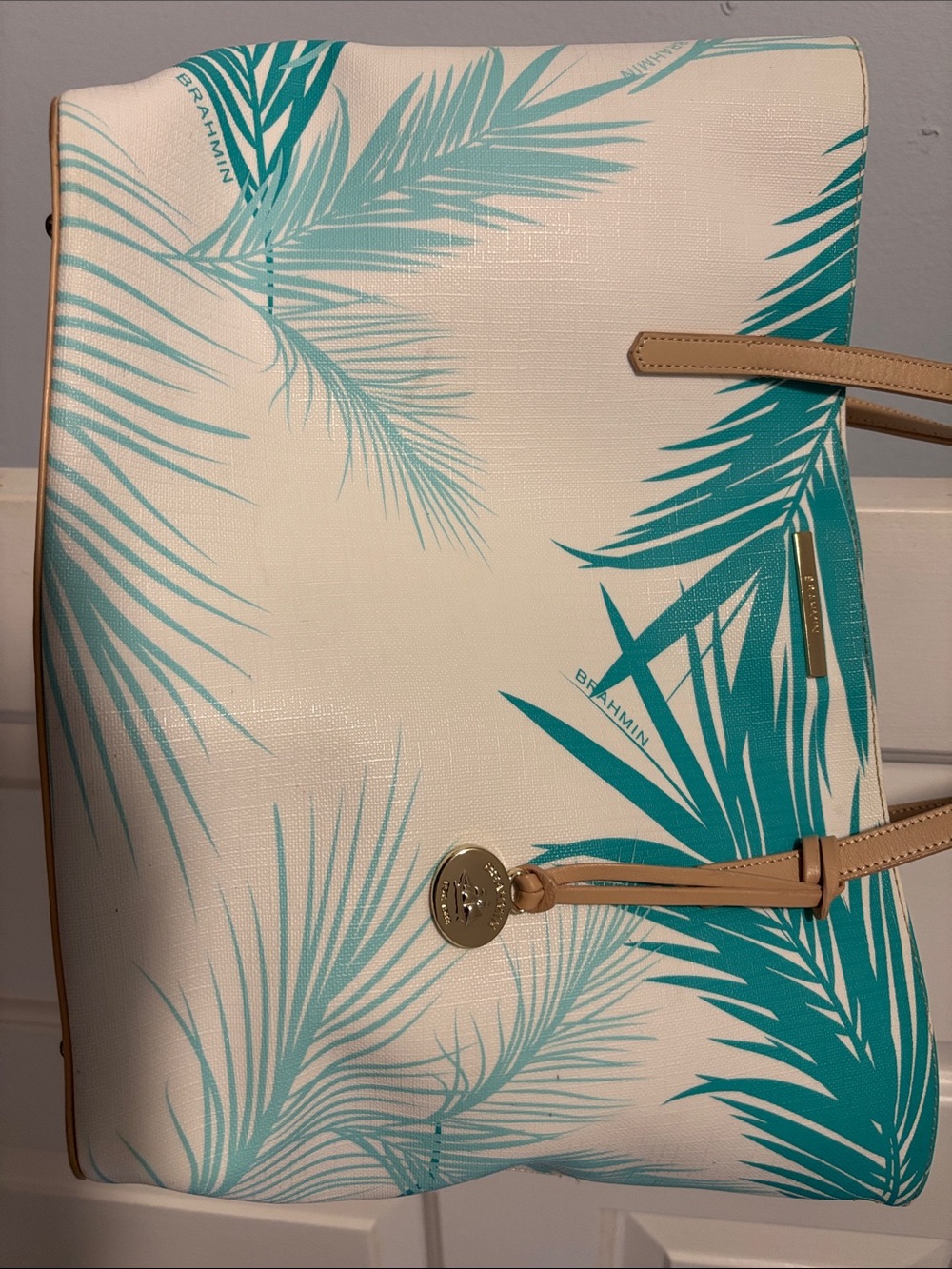 Brahmin Teal Palm-Print Leather Tote with Tan Straps